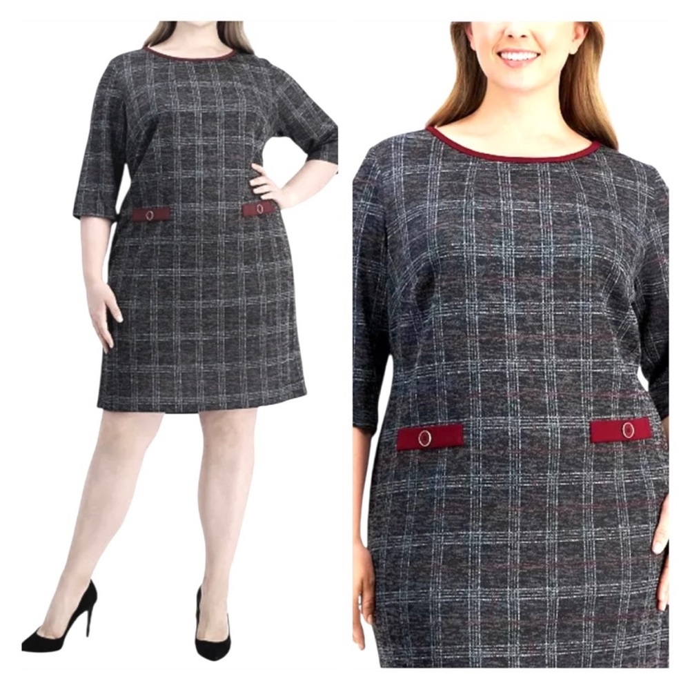 Connected Apparel Nora 3/4-Sleeve Faux-Pocket Plaid Sheath Dress